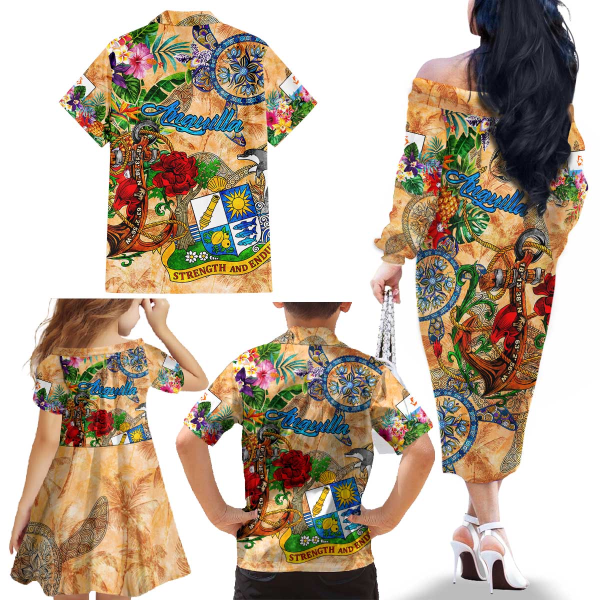 Anguilla Family Matching Off The Shoulder Long Sleeve Dress and Hawaiian Shirt Geographic Coordinate Anchor - Turlte Tropical