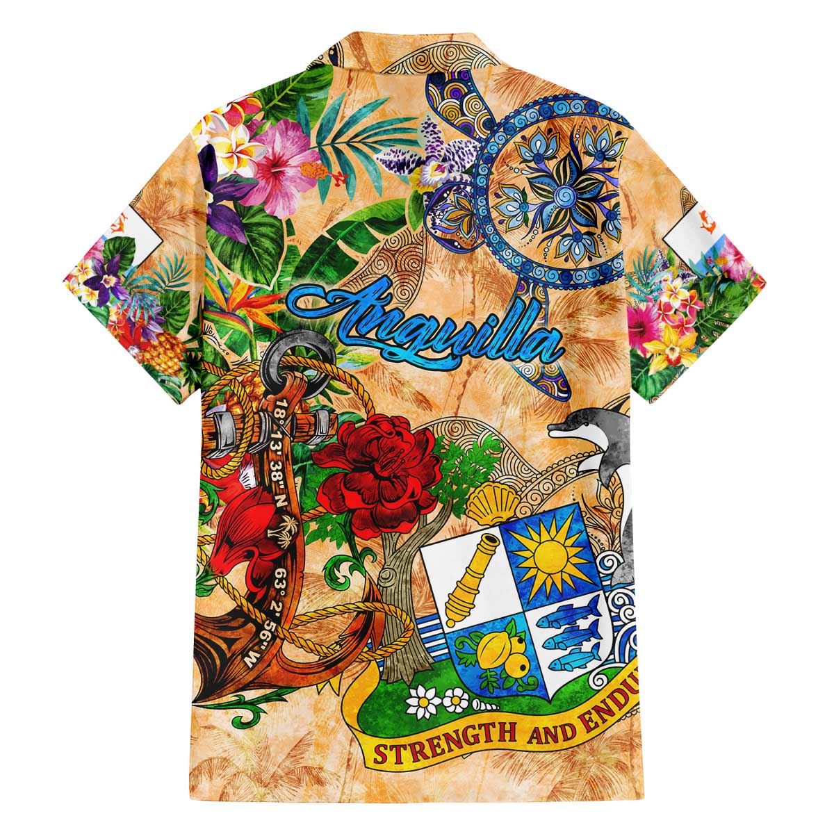 Anguilla Family Matching Off The Shoulder Long Sleeve Dress and Hawaiian Shirt Geographic Coordinate Anchor - Turlte Tropical