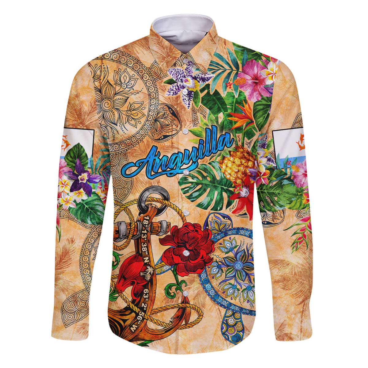Anguilla Family Matching Off The Shoulder Long Sleeve Dress and Hawaiian Shirt Geographic Coordinate Anchor - Turlte Tropical