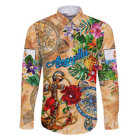 Anguilla Family Matching Off The Shoulder Long Sleeve Dress and Hawaiian Shirt Geographic Coordinate Anchor - Turlte Tropical