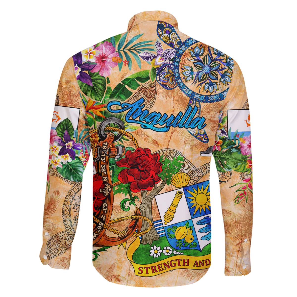 Anguilla Family Matching Off The Shoulder Long Sleeve Dress and Hawaiian Shirt Geographic Coordinate Anchor - Turlte Tropical