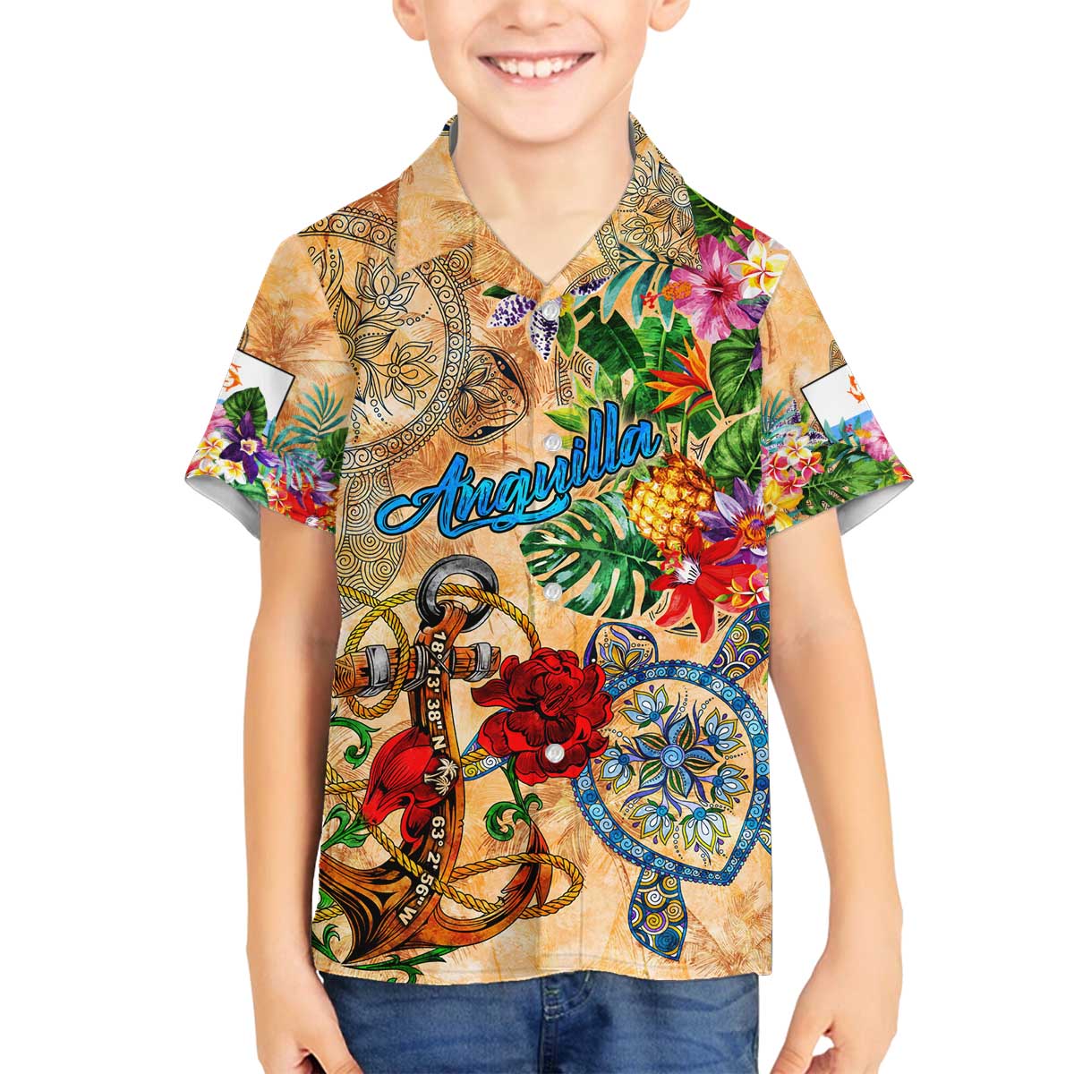 Anguilla Family Matching Off The Shoulder Long Sleeve Dress and Hawaiian Shirt Geographic Coordinate Anchor - Turlte Tropical