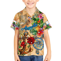 Anguilla Family Matching Off The Shoulder Long Sleeve Dress and Hawaiian Shirt Geographic Coordinate Anchor - Turlte Tropical