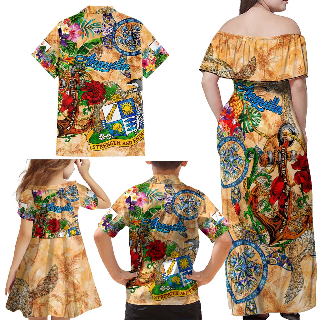 Anguilla Family Matching Off Shoulder Maxi Dress and Hawaiian Shirt Geographic Coordinate Anchor - Turlte Tropical