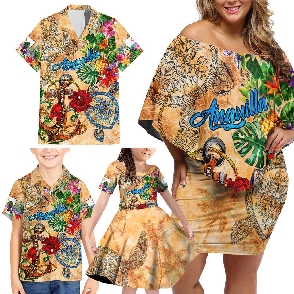 Anguilla Family Matching Off Shoulder Short Dress and Hawaiian Shirt Geographic Coordinate Anchor - Turlte Tropical