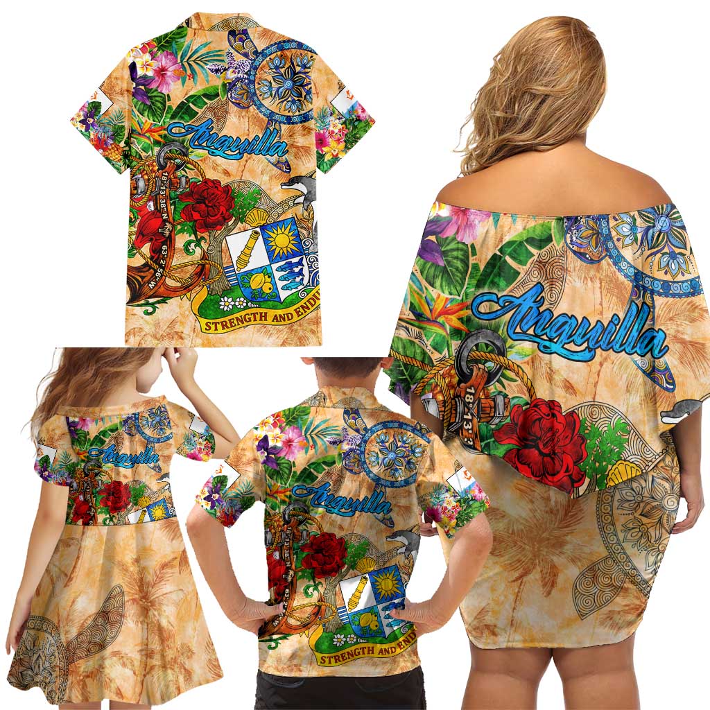Anguilla Family Matching Off Shoulder Short Dress and Hawaiian Shirt Geographic Coordinate Anchor - Turlte Tropical