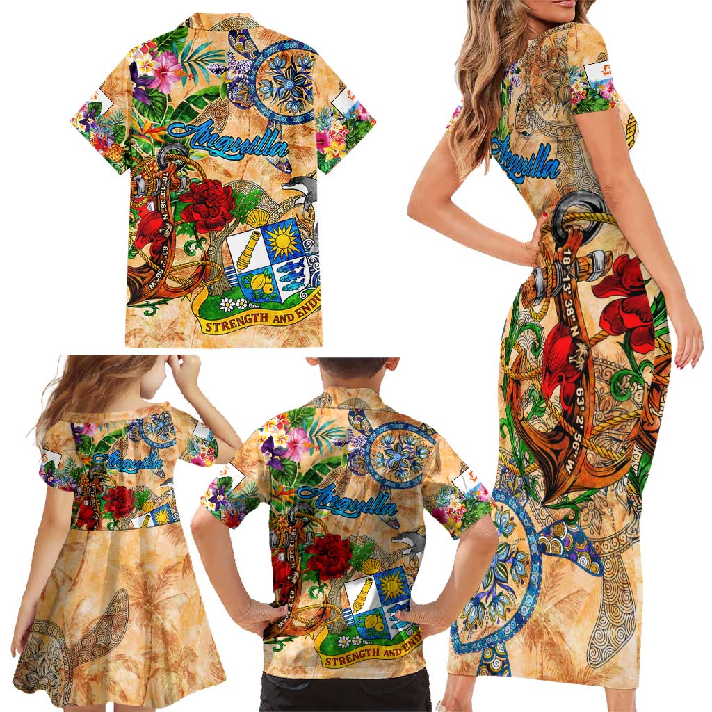Anguilla Family Matching Short Sleeve Bodycon Dress and Hawaiian Shirt Geographic Coordinate Anchor - Turlte Tropical