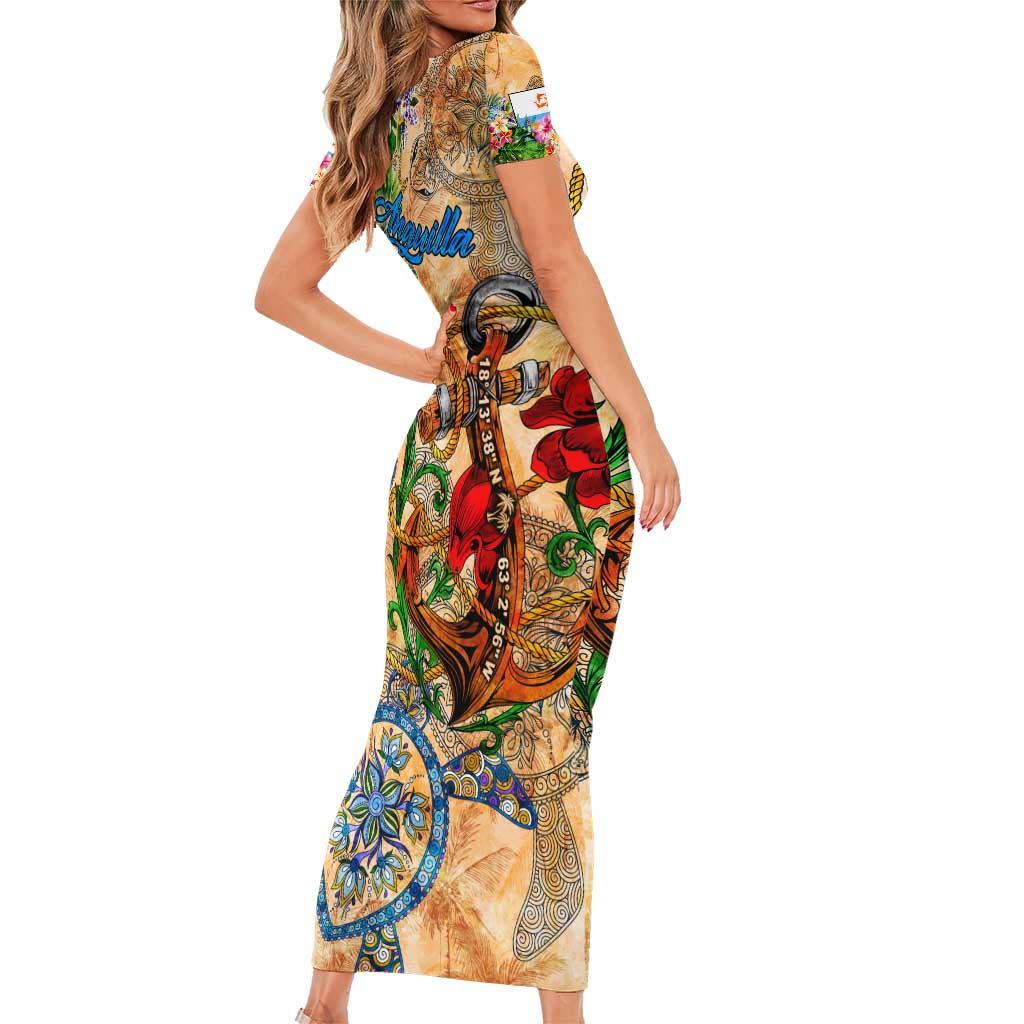 Anguilla Family Matching Short Sleeve Bodycon Dress and Hawaiian Shirt Geographic Coordinate Anchor - Turlte Tropical