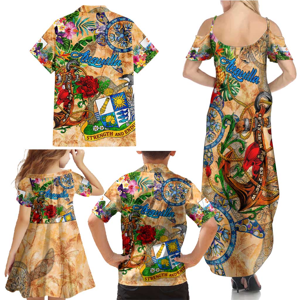 Anguilla Family Matching Summer Maxi Dress and Hawaiian Shirt Geographic Coordinate Anchor - Turlte Tropical