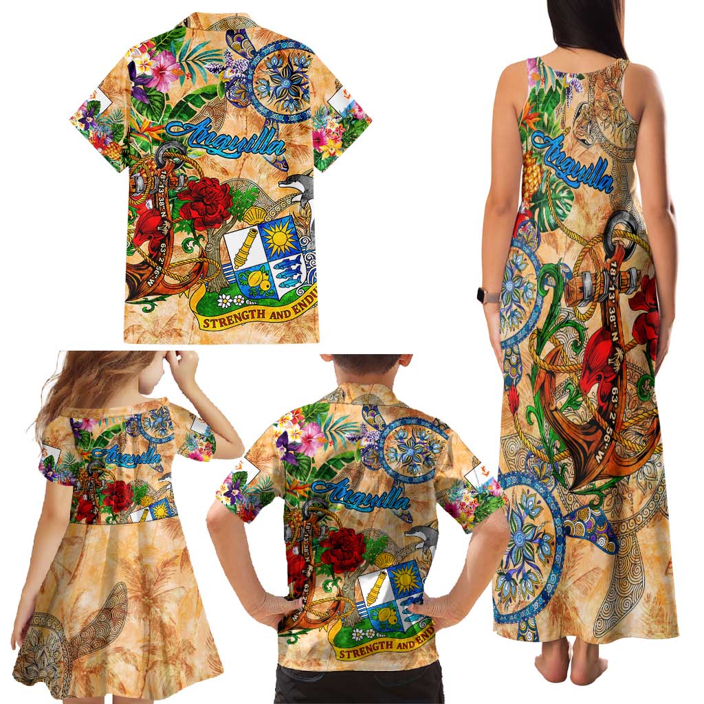 Anguilla Family Matching Tank Maxi Dress and Hawaiian Shirt Geographic Coordinate Anchor - Turlte Tropical