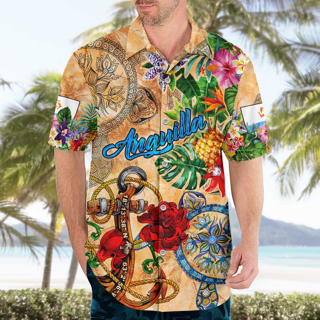 Anguilla Hawaiian Shirt Geographic Coordinate Anchor - Turlte Tropical