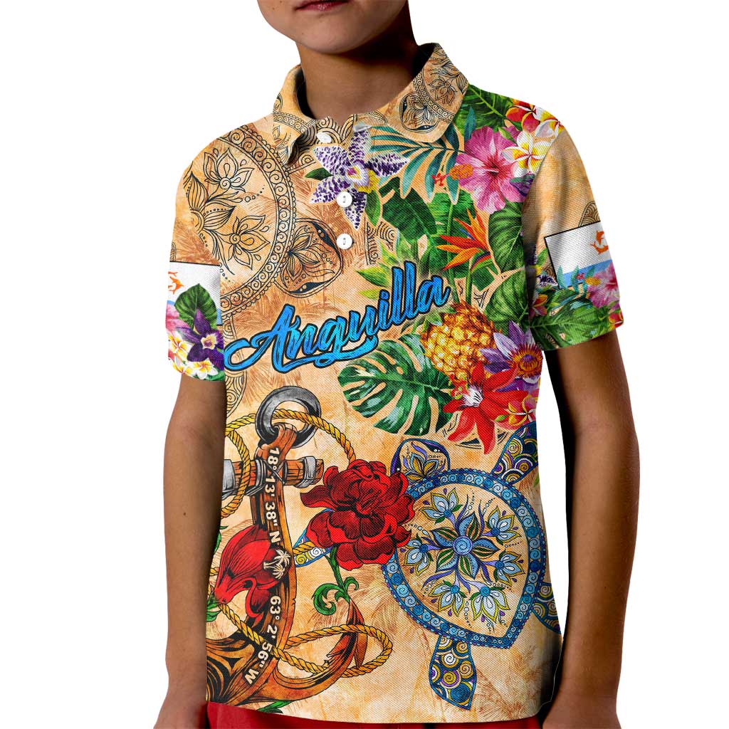Anguilla Kid Polo Shirt Geographic Coordinate Anchor - Turlte Tropical
