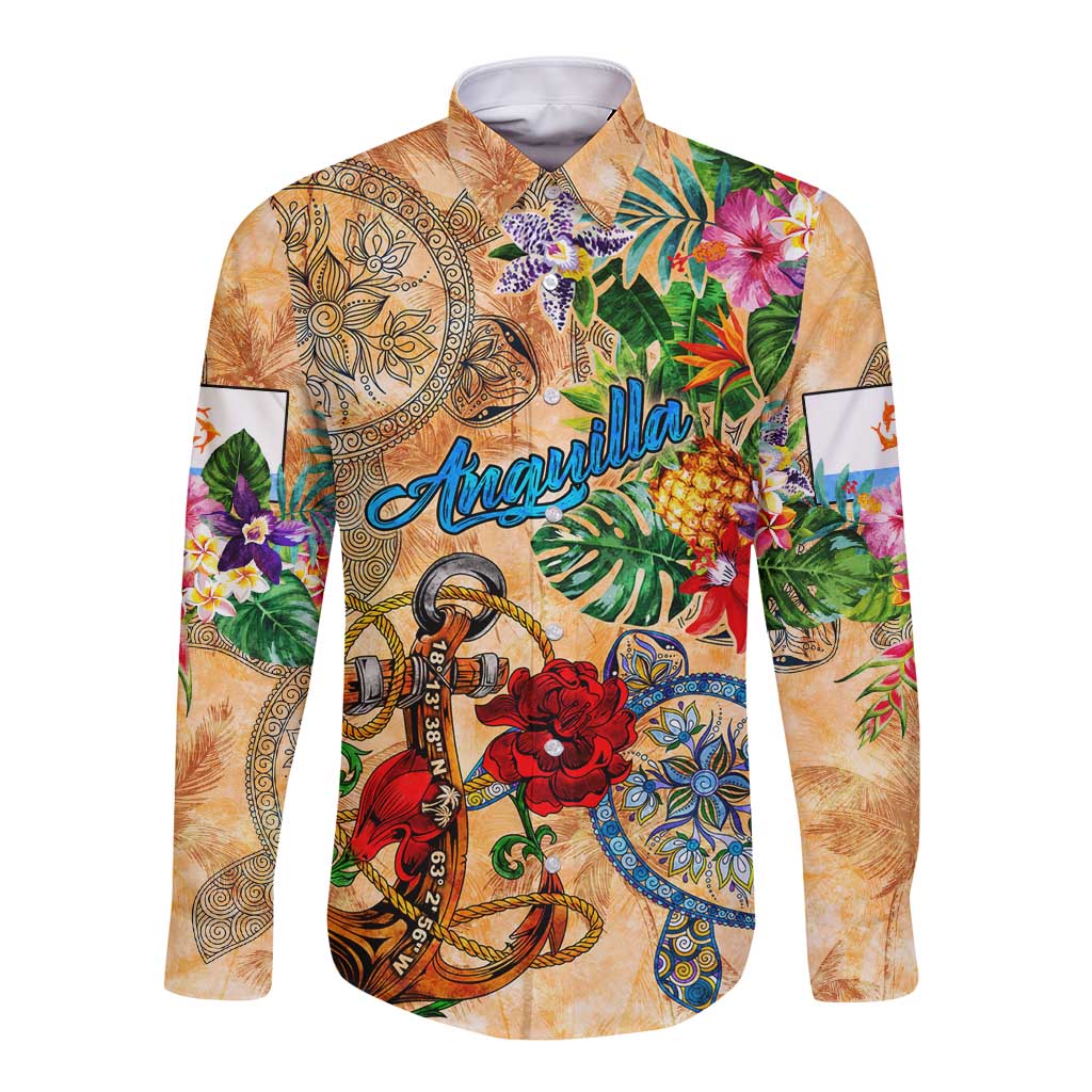 Anguilla Long Sleeve Button Shirt Geographic Coordinate Anchor - Turlte Tropical