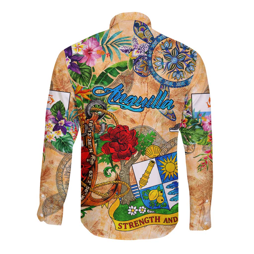 Anguilla Long Sleeve Button Shirt Geographic Coordinate Anchor - Turlte Tropical
