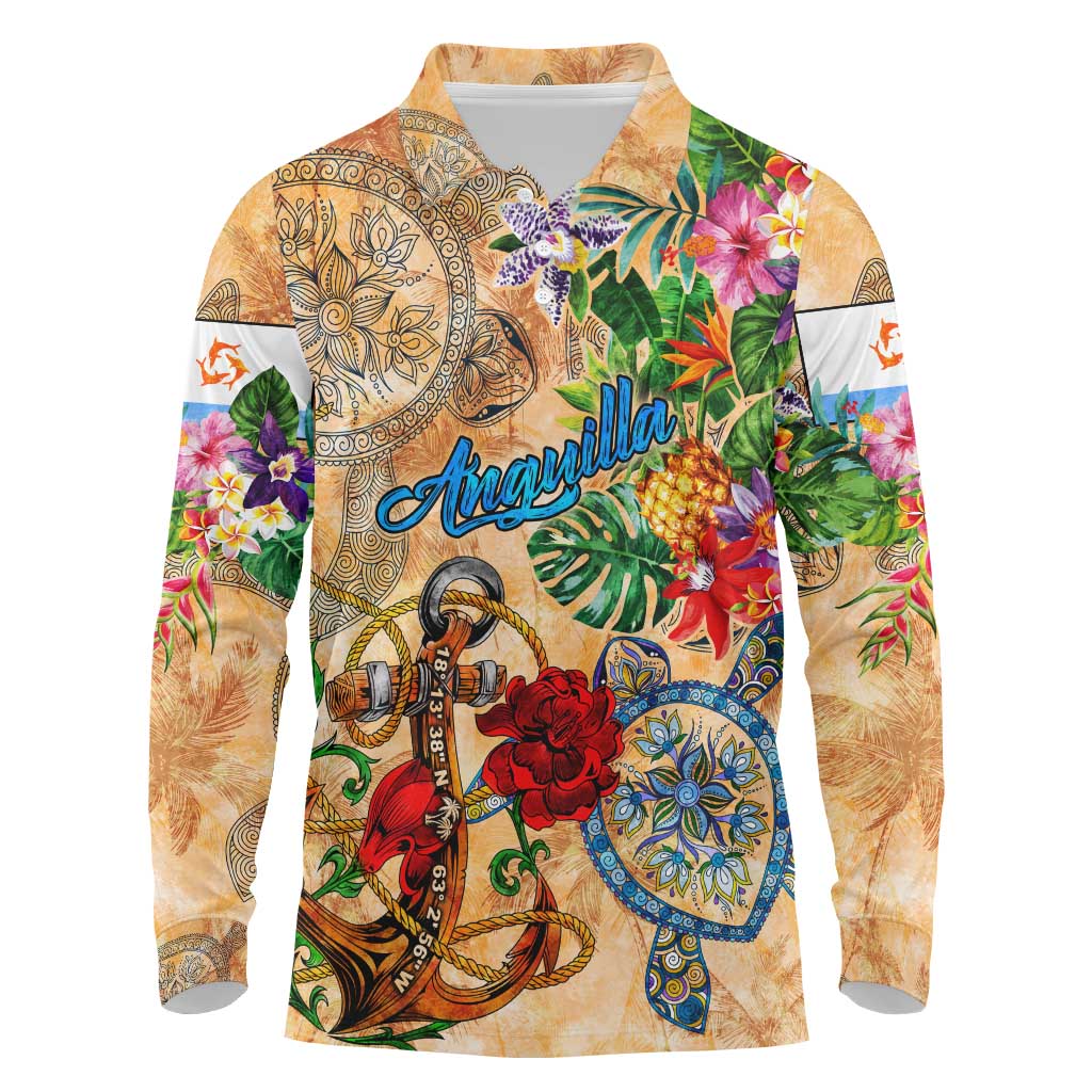 Anguilla Long Sleeve Polo Shirt Geographic Coordinate Anchor - Turlte Tropical