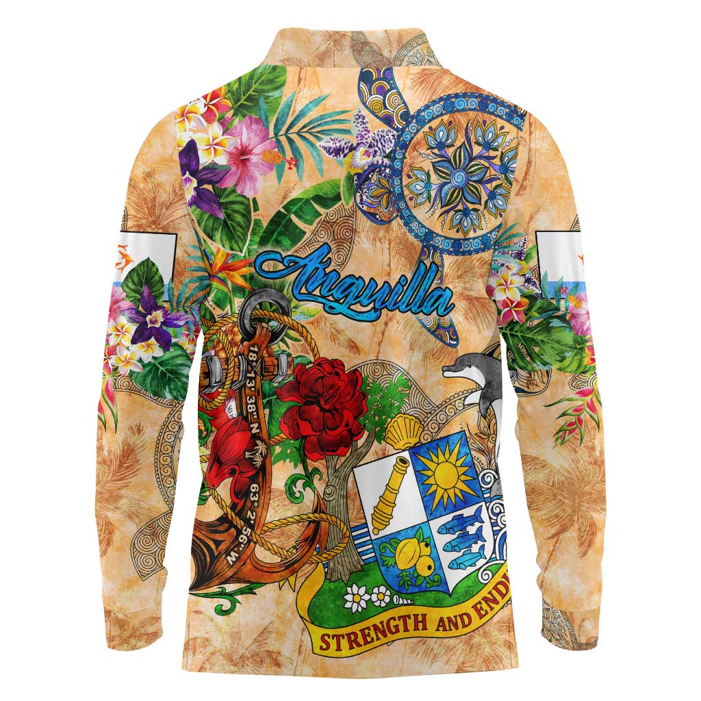 Anguilla Long Sleeve Polo Shirt Geographic Coordinate Anchor - Turlte Tropical