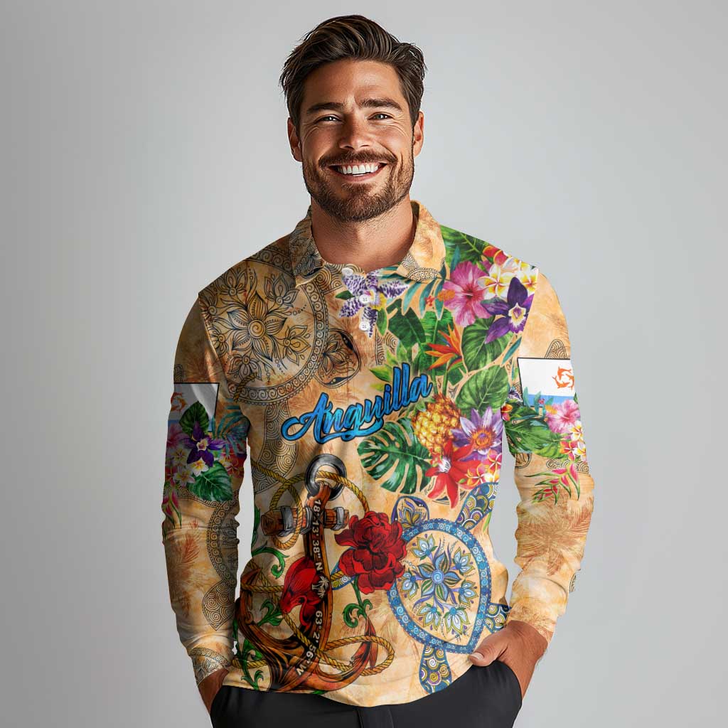 Anguilla Long Sleeve Polo Shirt Geographic Coordinate Anchor - Turlte Tropical