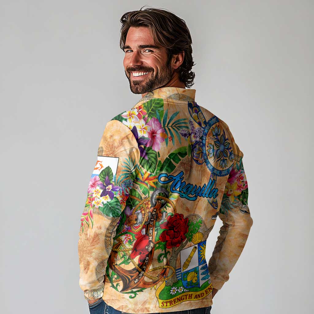 Anguilla Long Sleeve Polo Shirt Geographic Coordinate Anchor - Turlte Tropical