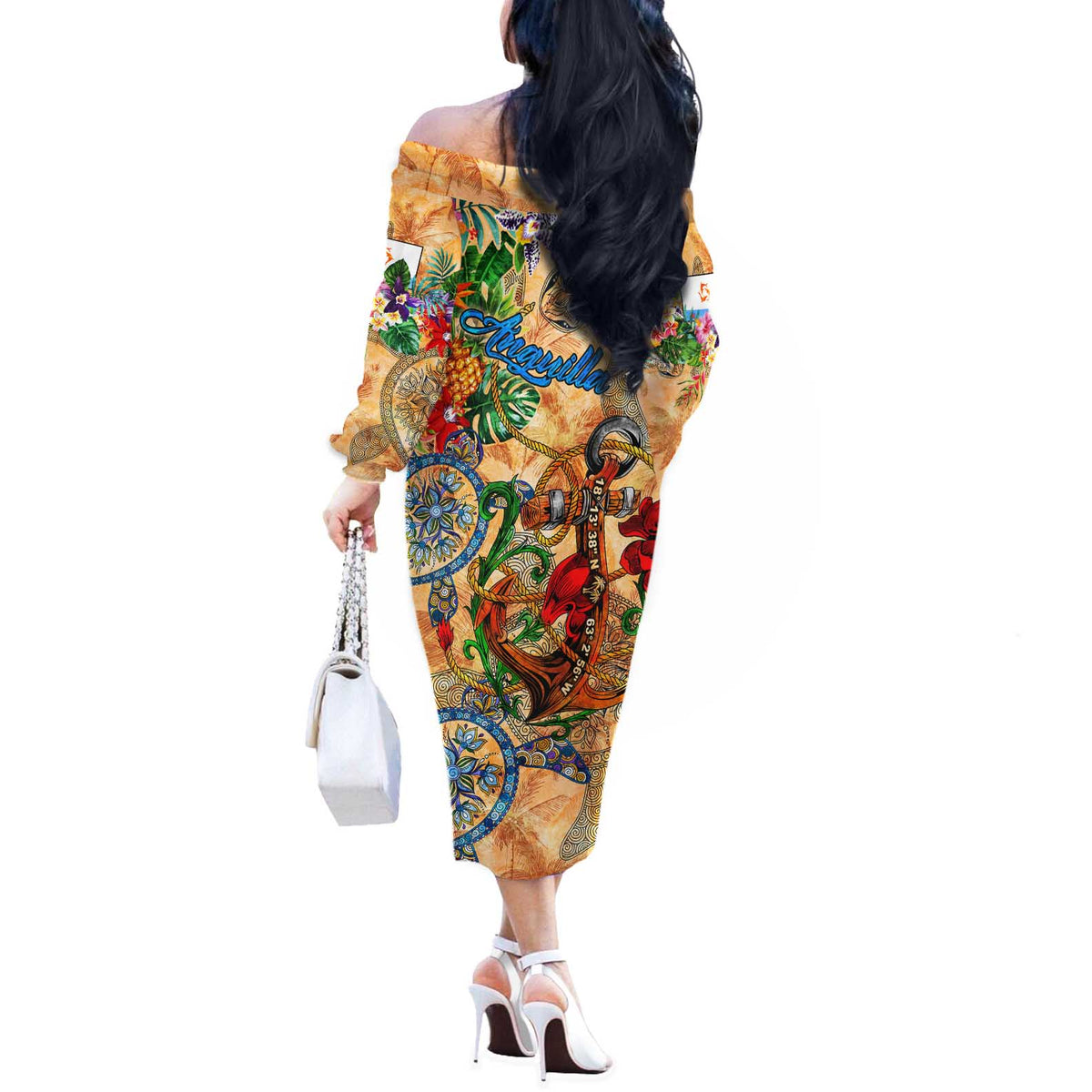 Anguilla Off The Shoulder Long Sleeve Dress Geographic Coordinate Anchor - Turlte Tropical