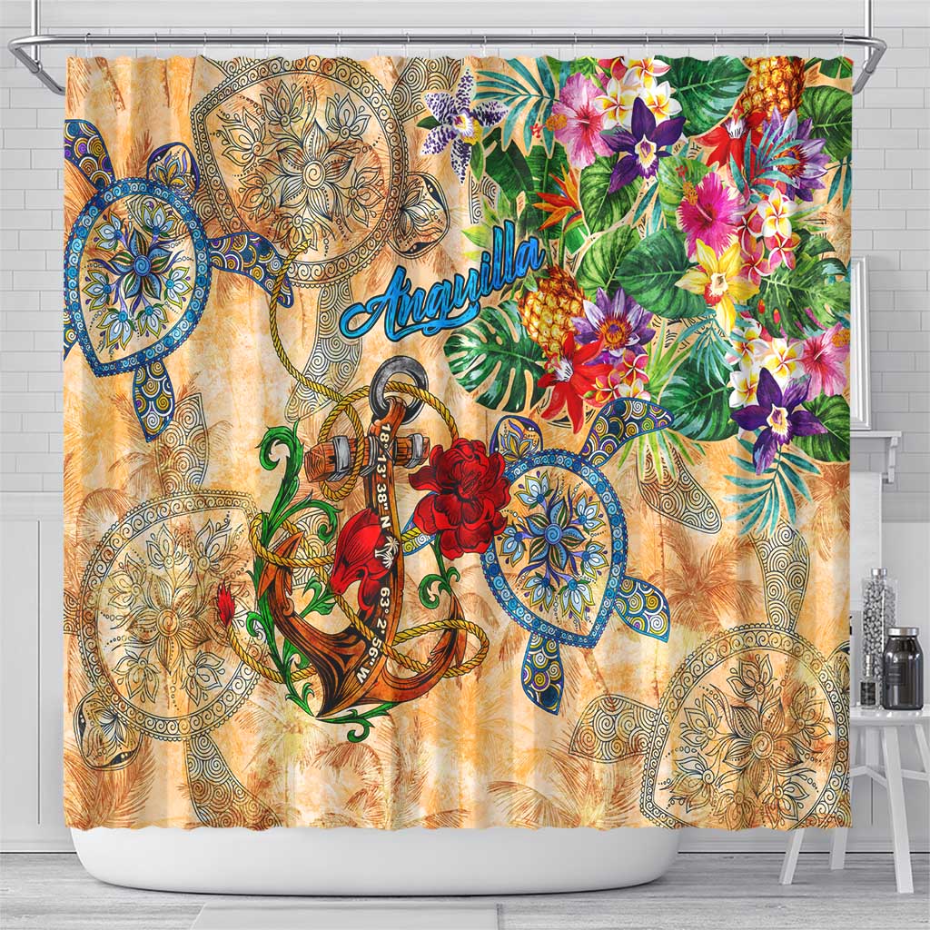 Anguilla Shower Curtain Geographic Coordinate Anchor - Turlte Tropical