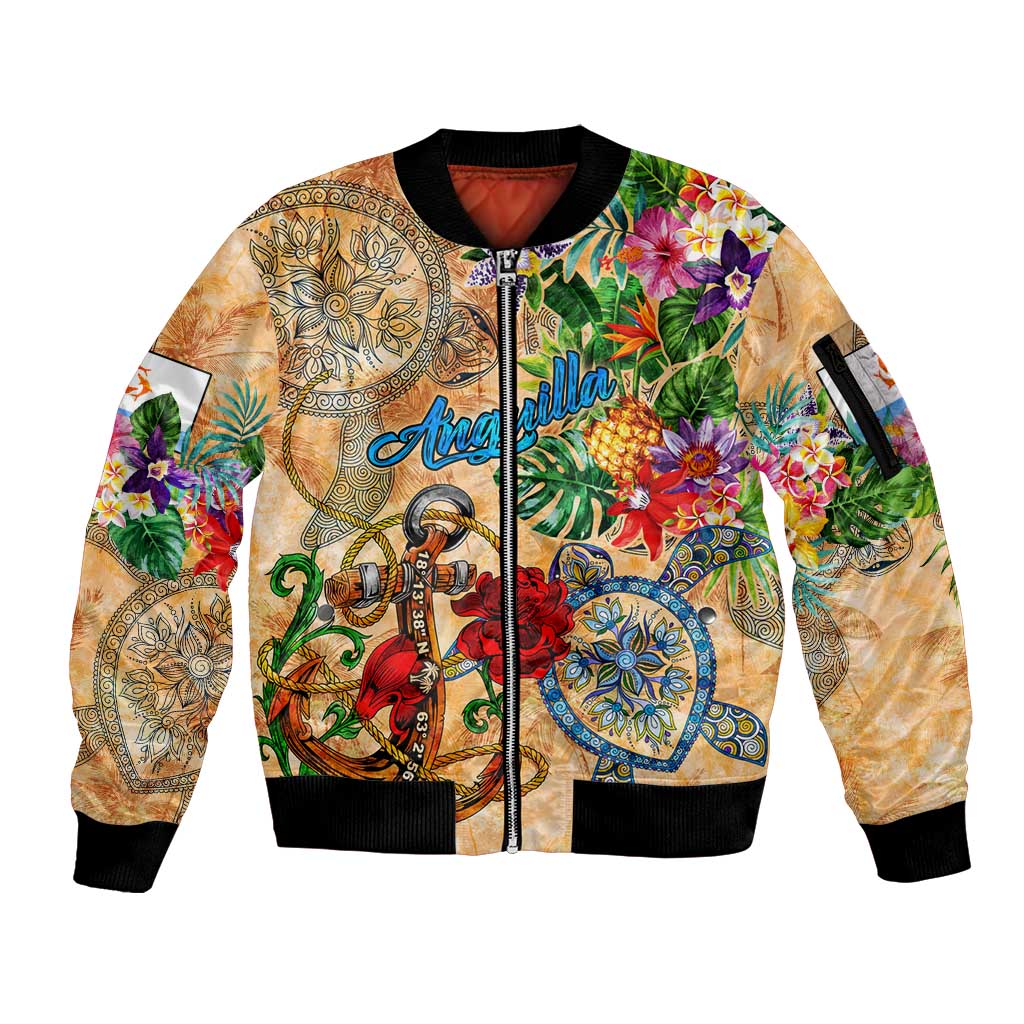 Anguilla Sleeve Zip Bomber Jacket Geographic Coordinate Anchor - Turlte Tropical