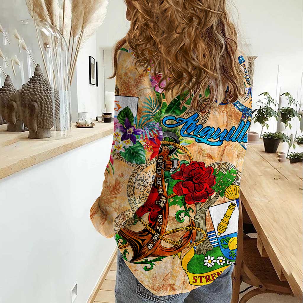 Anguilla Women Casual Shirt Geographic Coordinate Anchor - Turlte Tropical