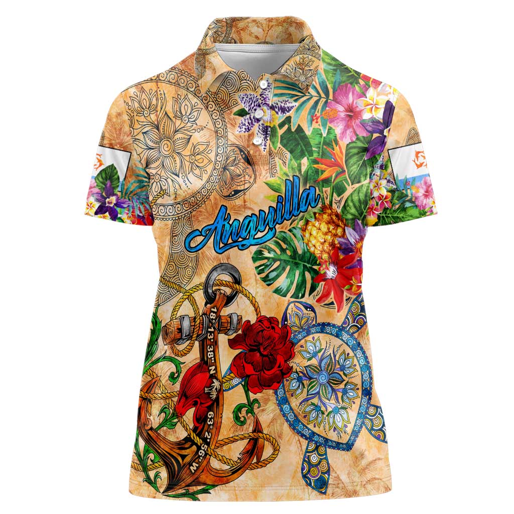 Anguilla Women Polo Shirt Geographic Coordinate Anchor - Turlte Tropical