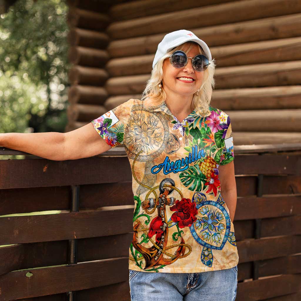 Anguilla Women Polo Shirt Geographic Coordinate Anchor - Turlte Tropical