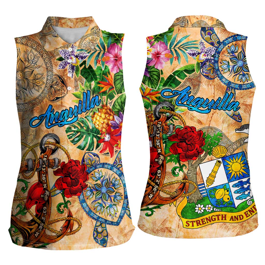 Anguilla Women Sleeveless Polo Shirt Geographic Coordinate Anchor - Turlte Tropical