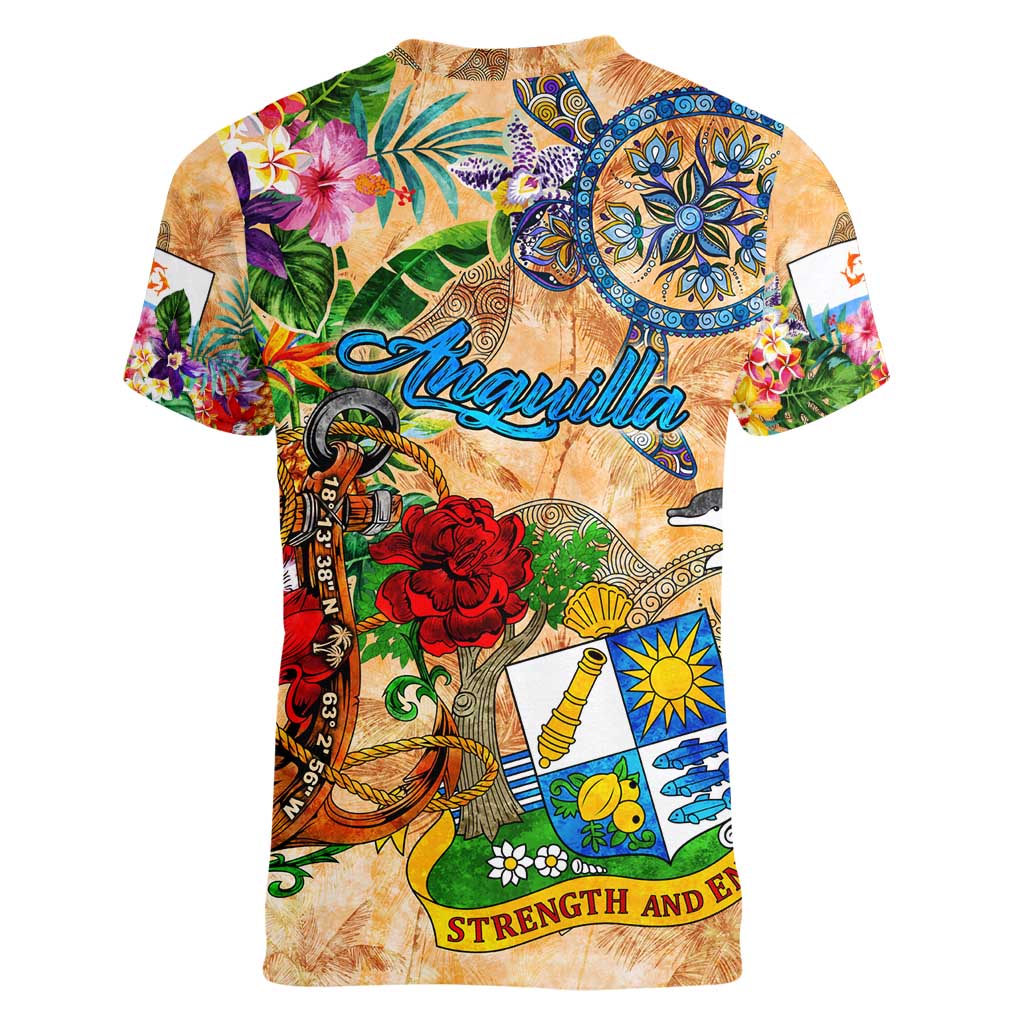 Anguilla Women V-Neck T-Shirt Geographic Coordinate Anchor - Turlte Tropical