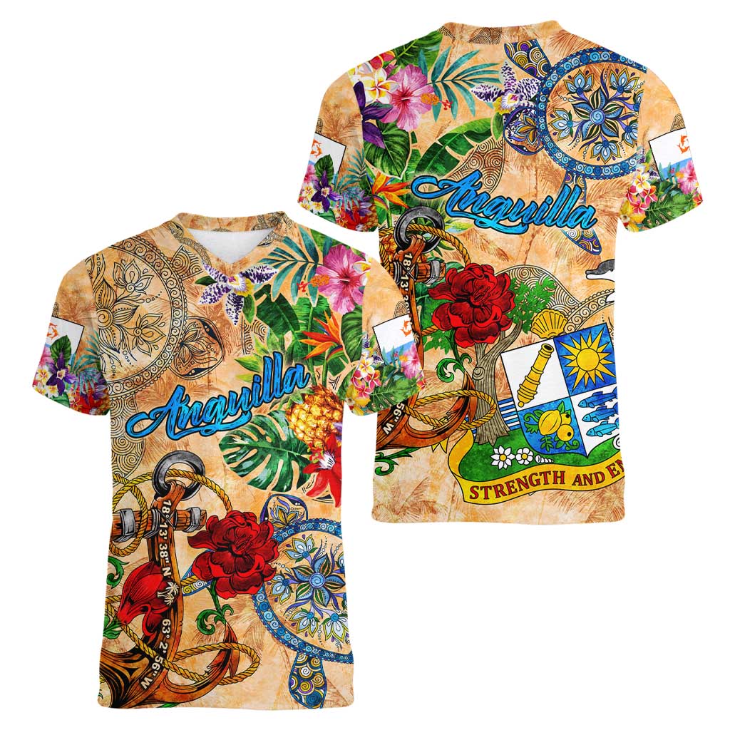 Anguilla Women V-Neck T-Shirt Geographic Coordinate Anchor - Turlte Tropical