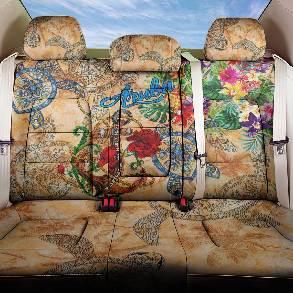 Aruba Back Car Seat Cover Geographic Coordinate Anchor - Turlte Tropical