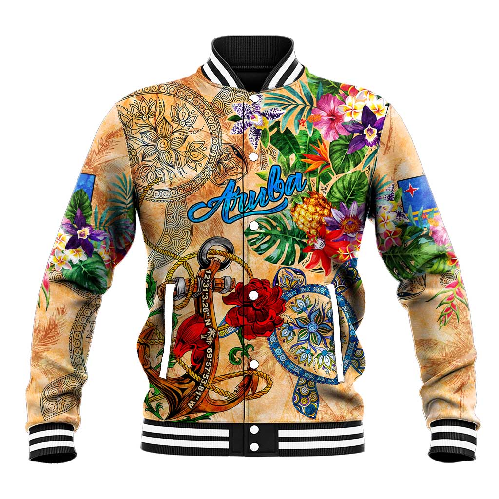 Aruba Baseball Jacket Geographic Coordinate Anchor - Turlte Tropical