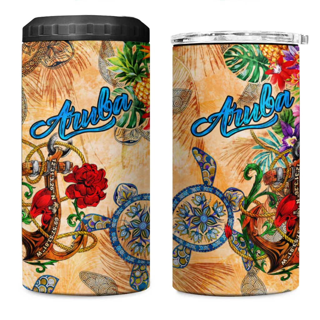 Aruba 4 in 1 Can Cooler Tumbler Geographic Coordinate Anchor - Turlte Tropical