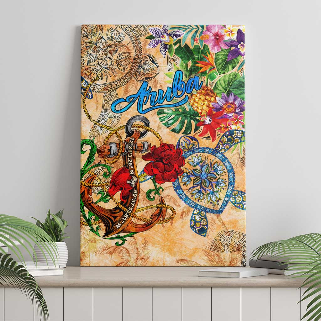 Aruba Canvas Wall Art Geographic Coordinate Anchor - Turlte Tropical