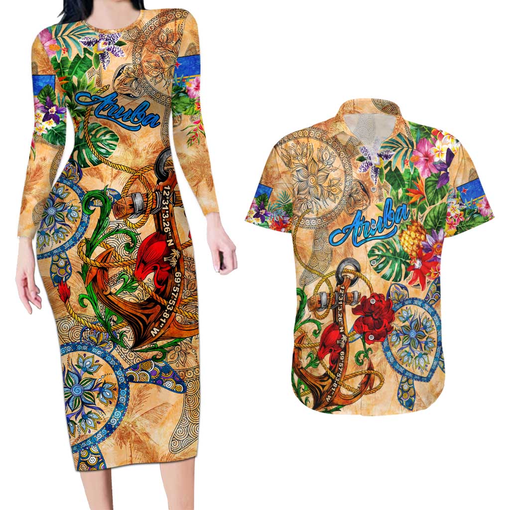 Aruba Couples Matching Long Sleeve Bodycon Dress and Hawaiian Shirt Geographic Coordinate Anchor - Turlte Tropical