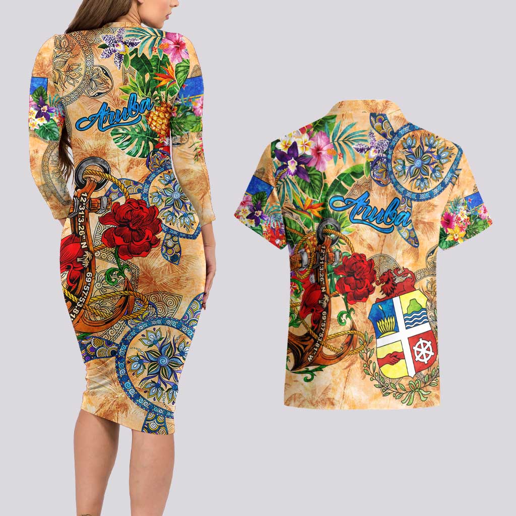 Aruba Couples Matching Long Sleeve Bodycon Dress and Hawaiian Shirt Geographic Coordinate Anchor - Turlte Tropical