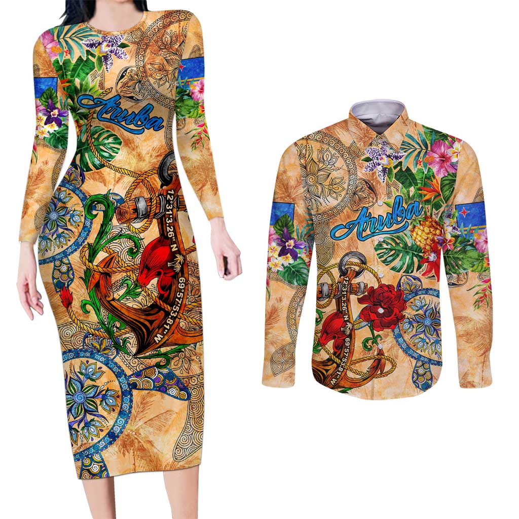 Aruba Couples Matching Long Sleeve Bodycon Dress and Long Sleeve Button Shirt Geographic Coordinate Anchor - Turlte Tropical