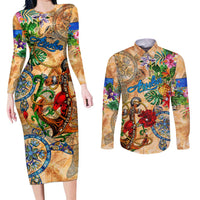 Aruba Couples Matching Long Sleeve Bodycon Dress and Long Sleeve Button Shirt Geographic Coordinate Anchor - Turlte Tropical