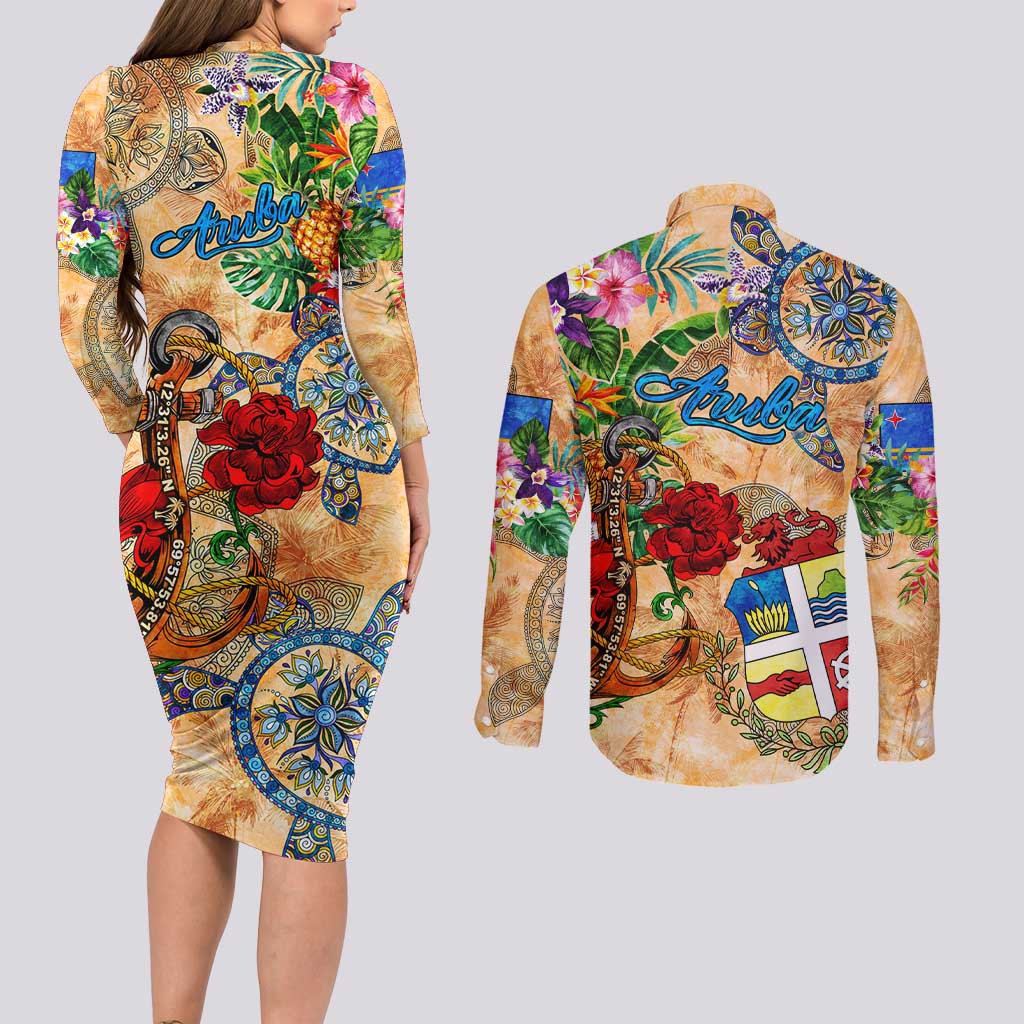 Aruba Couples Matching Long Sleeve Bodycon Dress and Long Sleeve Button Shirt Geographic Coordinate Anchor - Turlte Tropical