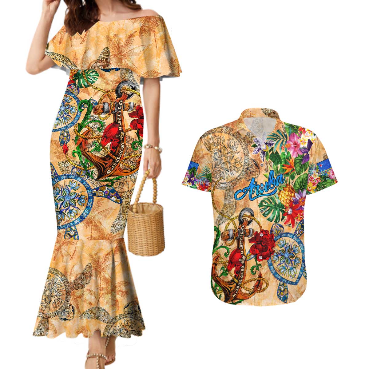 Aruba Couples Matching Mermaid Dress and Hawaiian Shirt Geographic Coordinate Anchor - Turlte Tropical