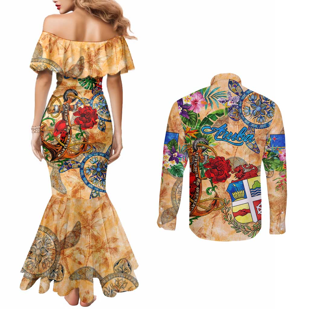 Aruba Couples Matching Mermaid Dress and Long Sleeve Button Shirt Geographic Coordinate Anchor - Turlte Tropical