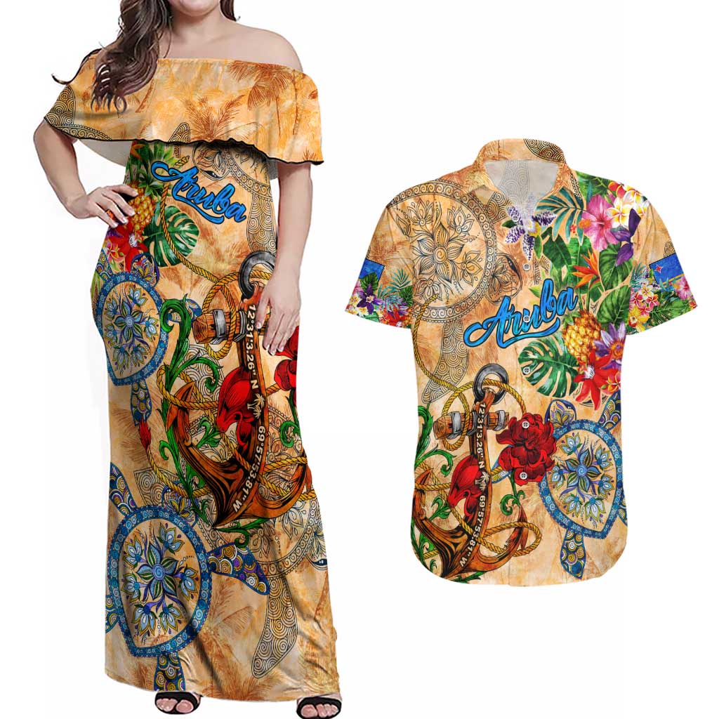 Aruba Couples Matching Off Shoulder Maxi Dress and Hawaiian Shirt Geographic Coordinate Anchor - Turlte Tropical