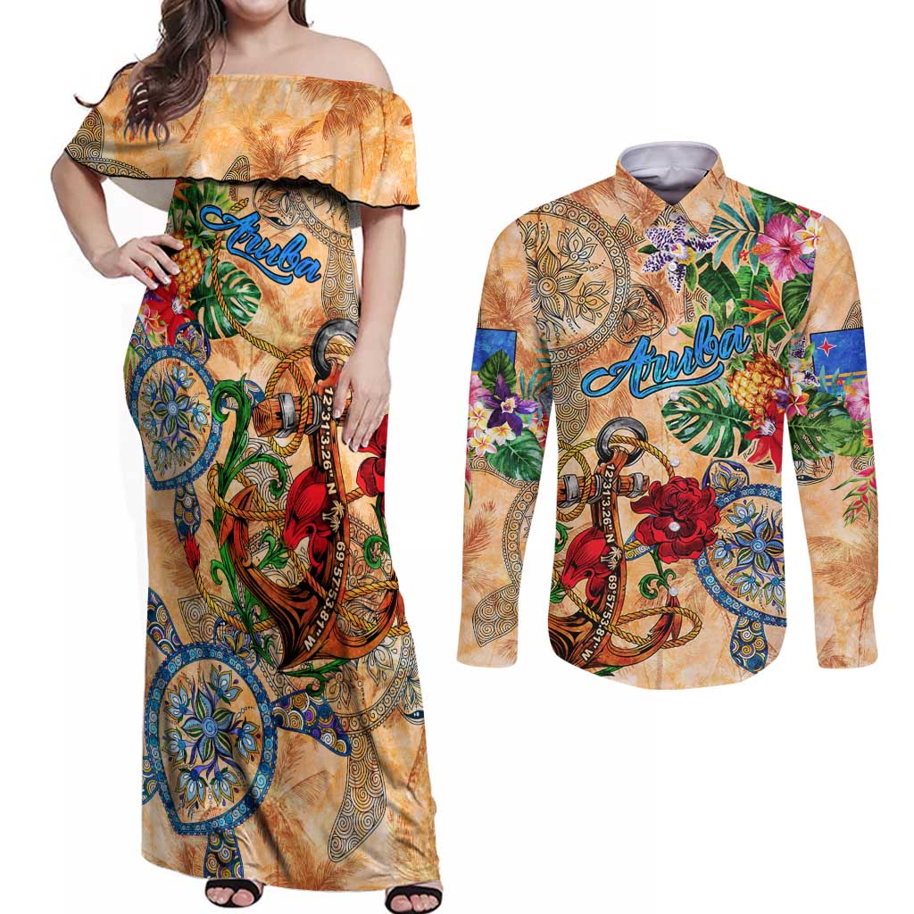 Aruba Couples Matching Off Shoulder Maxi Dress and Long Sleeve Button Shirt Geographic Coordinate Anchor - Turlte Tropical