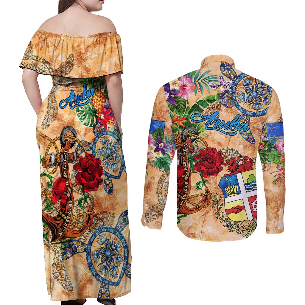 Aruba Couples Matching Off Shoulder Maxi Dress and Long Sleeve Button Shirt Geographic Coordinate Anchor - Turlte Tropical