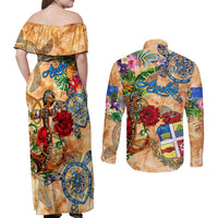 Aruba Couples Matching Off Shoulder Maxi Dress and Long Sleeve Button Shirt Geographic Coordinate Anchor - Turlte Tropical