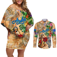 Aruba Couples Matching Off Shoulder Short Dress and Long Sleeve Button Shirt Geographic Coordinate Anchor - Turlte Tropical