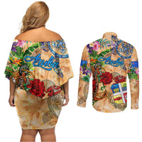 Aruba Couples Matching Off Shoulder Short Dress and Long Sleeve Button Shirt Geographic Coordinate Anchor - Turlte Tropical