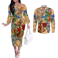 Aruba Couples Matching Off The Shoulder Long Sleeve Dress and Long Sleeve Button Shirt Geographic Coordinate Anchor - Turlte Tropical