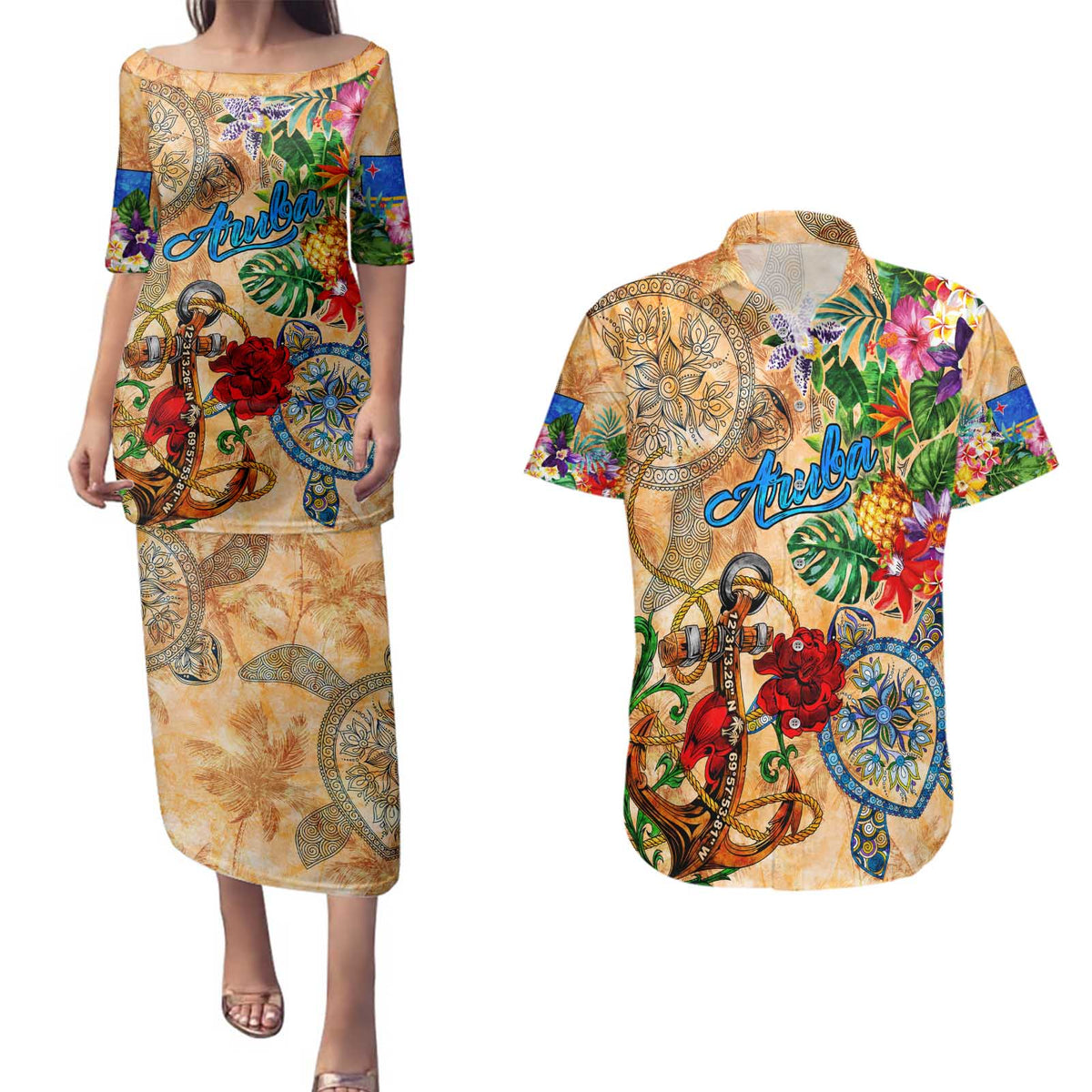 Aruba Couples Matching Puletasi and Hawaiian Shirt Geographic Coordinate Anchor - Turlte Tropical